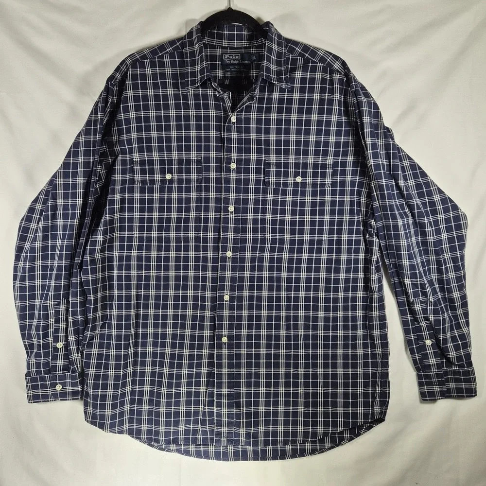 Polo Ralph Lauren‎ Navy Plaid Button Up Shirt Preppy Dark Academia L